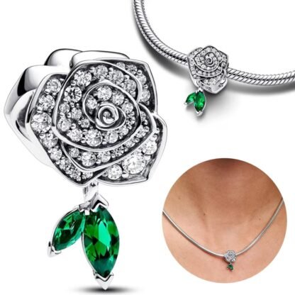White Gems Rose Green Gems Leaves Charm - Image 2