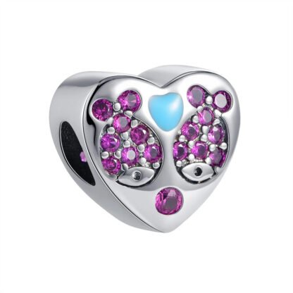 Quirky Silver Hear Magenta Gems Fish Charm