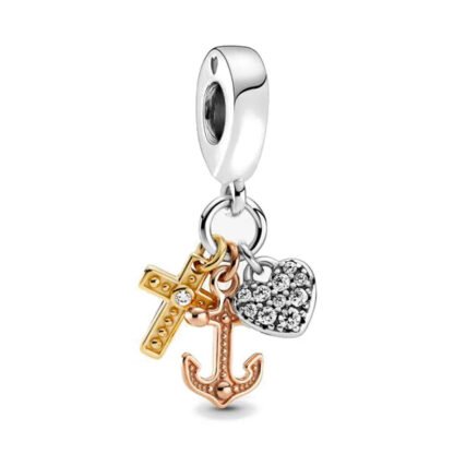 Golden Cross, Rose Gold Anchor, Silver Heart Charm