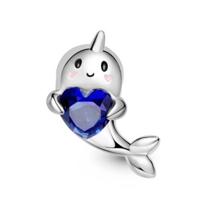 Cute Silver Narwhal Holding Blue Gem Charm