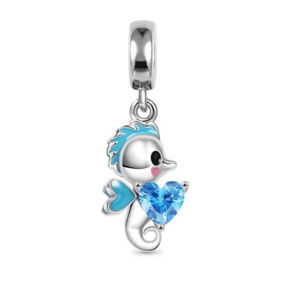 Cartoonish Cute Seahorse Character Heart Blue Gem Charm