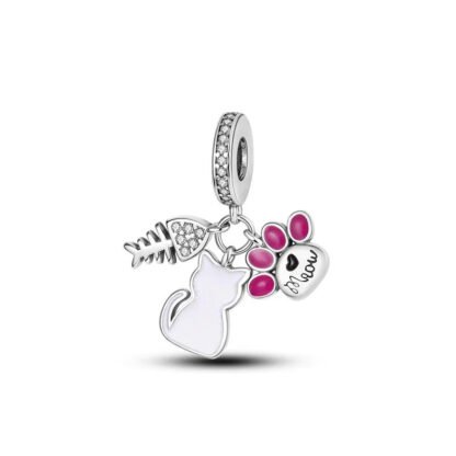 Kitten White Silhouette Fishbone Magenta Paw Charm