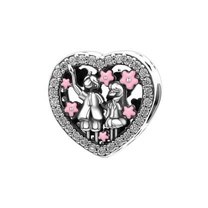 Together Waving Couple Pink Flowers Heart Charm
