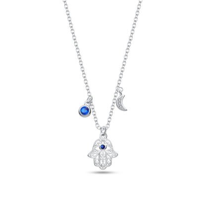 Hamsa Hand Moon Silver Necklace