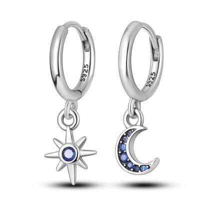 Crystal Moon Star Silver Hoop Earrings