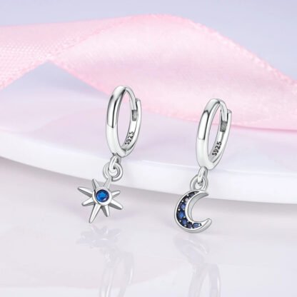 Crystal Moon Star Silver Hoop Earrings - Image 2