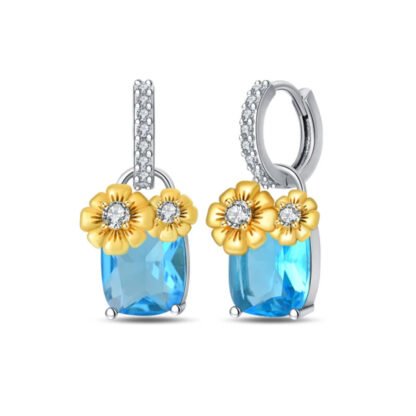 Blue Crystal Flower Silver Hoop Earrings