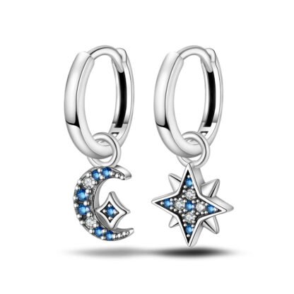 Blue Moon Star Silver Hoop Earrings