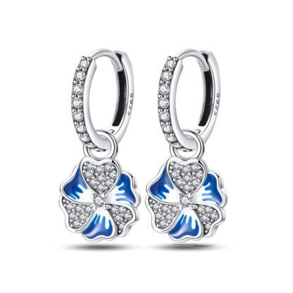 Blue Pansy Flower Silver Hoop Earrings