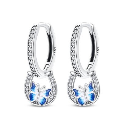 Blue Butterfly Luck Silver Hoop Earrings