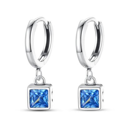 Blue Cube Crystal Silver Hoop Earrings