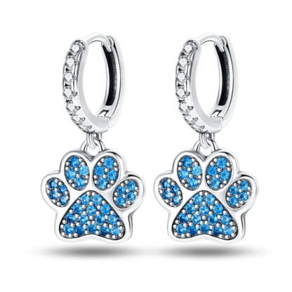 Blue Pet Paw Silver Hoop Earrings