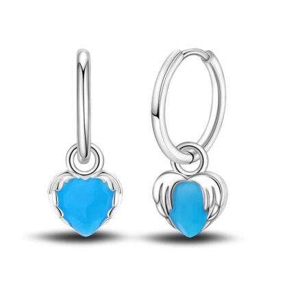 Blue Stone Heart Silver Hoop Earrings