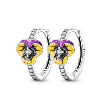 Pansy Flower Silver Hoop Earrings