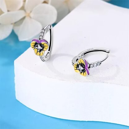 Pansy Flower Silver Hoop Earrings - Image 2