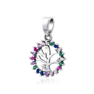 Silver Tree Colorful Gems Circle Charm