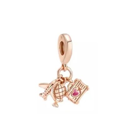 Gold Rose Travelling Tourism Globe Luggage Plane Charm