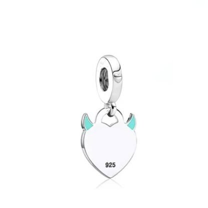 Silver Flat Heart Blue Green Demon Horns Charm