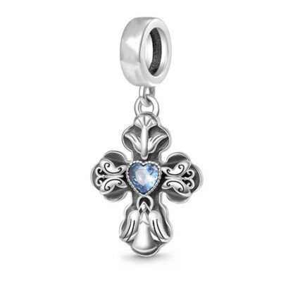 Elegant Ornate Angelic Cross Blue Heart Gem Charm