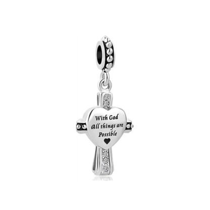 Silver Heart Cross God Matthew 19:26 Charm