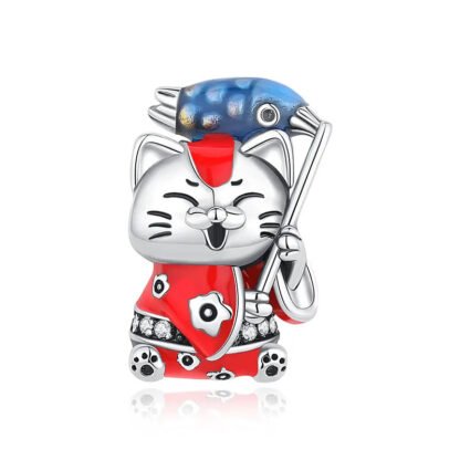 Silver Japanese Festival Cat Koinobori Carp Streamer Charm