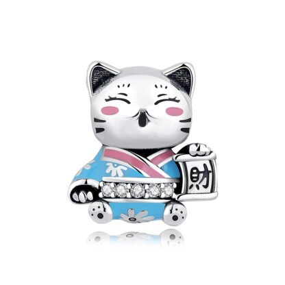 Silver Japanese Cat Happy Kimono Charm