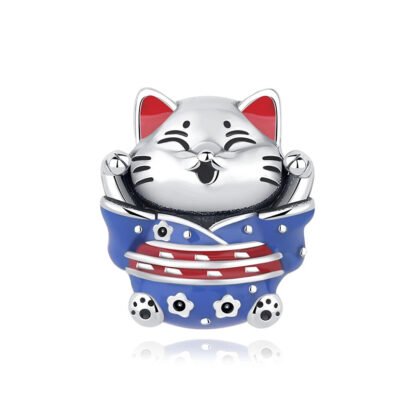 Silver Japanese Cat Joyful Glee Kimono Charm