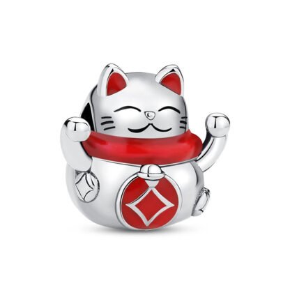 Maneki Neko Silver Japanese Lucky Cat Red Charm