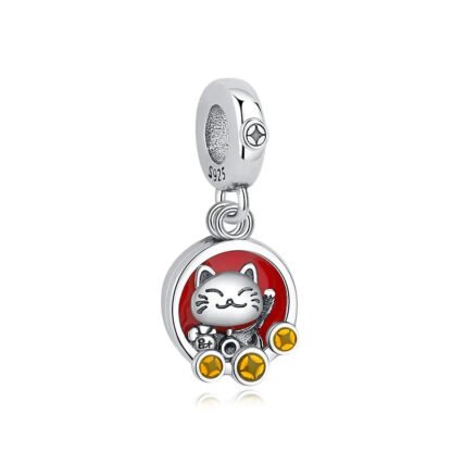 Maneki Neko Japanese Silver Cat Three Gold Coins Charm