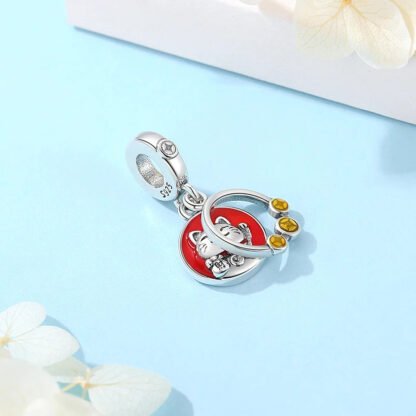 Maneki Neko Japanese Silver Cat Three Gold Coins Charm - Image 3