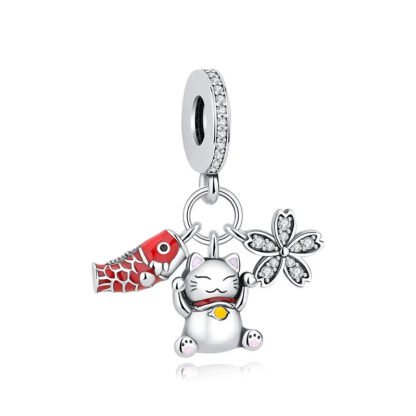 Silver Japanese Cat Festive Koi Sakura Charm
