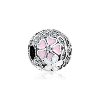 Silver Sphere Pink White Flowers Charm