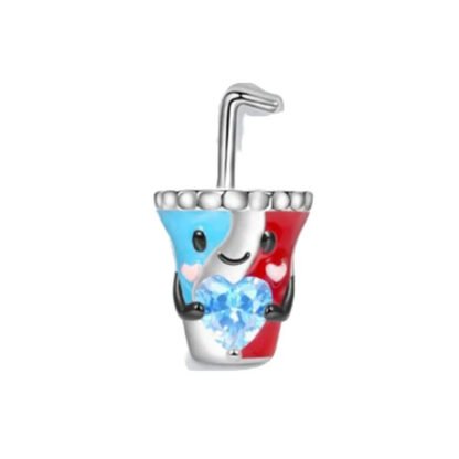 Blue Red Happy Drink Cup with Straw Blue Heart Gem Charm