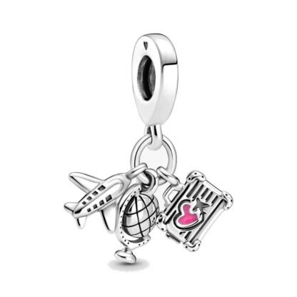 Silver Travelling Tourism Globe Luggage Plane Charm