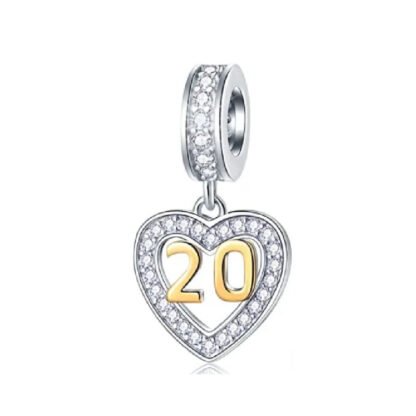 Silver Heart Golden Number 20 Milestone Charm