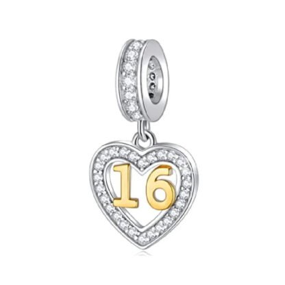 Silver Heart Golden Number 16 Milestone Charm