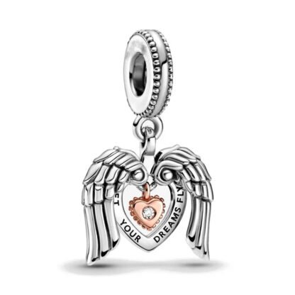 Silver Wing Protection Gold Rose Heart Charm