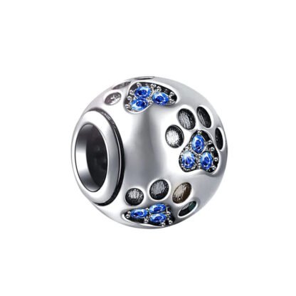 Silver Blue Gems Paw Prints Bead Charm