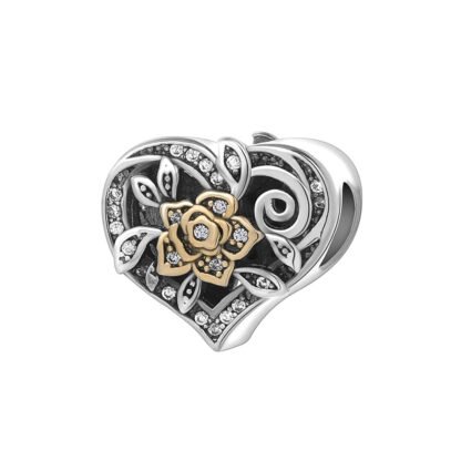 Elegant Detailed Silver Heart Golden Rose Charm