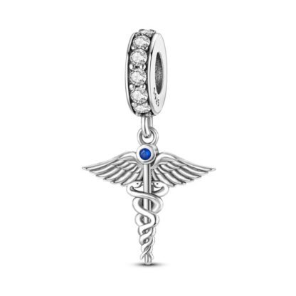 Medical Cross Snakes Wings Blue Gem Charm