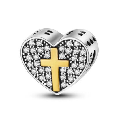 Silver Hear Gold Cross Faith Charm