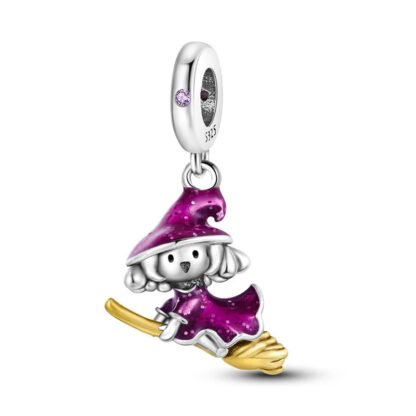 Magenta Witch Girl on Golden Broom Charm