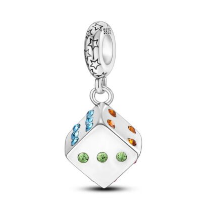 Silver Dice Blue Orange Green Gems Charm