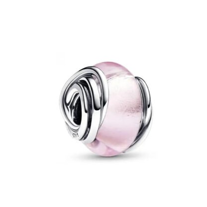 Glossy Pink Sphere Swirly Silver Charm