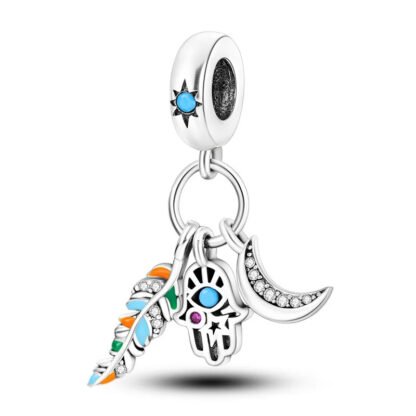 Modern Color Feather Hamsa Hand Crescent Moon Charm