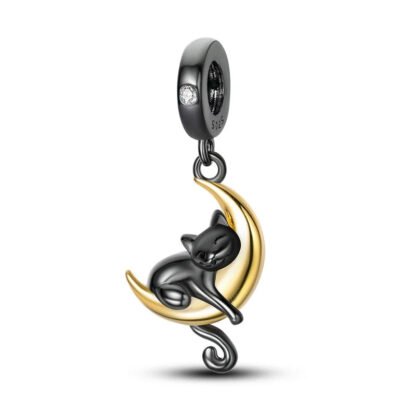 Black Cat Sleeping on Golden Crescent Moon Charm