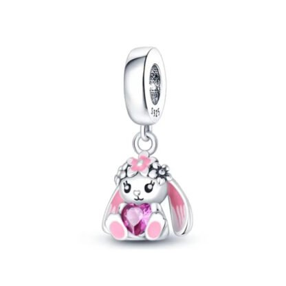 Pink Bunny Sitting Pink Heart Gem Charm