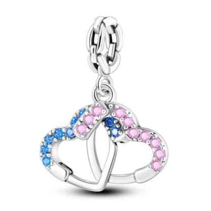 Blue and Pink Gems Double Heart Rings Charm