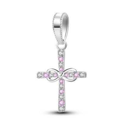 Thin Silver Cross White and Pink Gems Infinity Symbol Charm