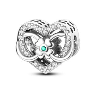 Silver Big Heart Frame Lucky Clover Green Gem Charm